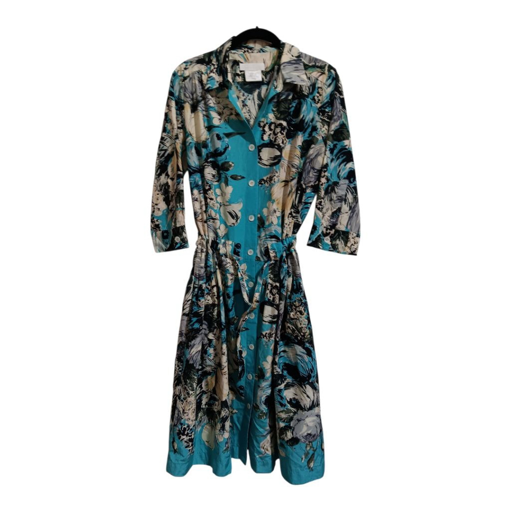 Nicole Farhi Silk Blend Turquoise Floral Button Up Belted Retro Midi Dress - Picture 3 of 16